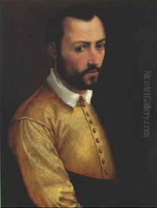 Portrait Of A Gentleman, Possibly Francesco I De'medici, Half-length, In A Yellow Doublet With A White Collar And A White Cape by Tommaso Manzuoli