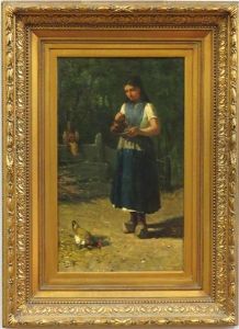 Girl In Wooden Shoes Feeding Chickens