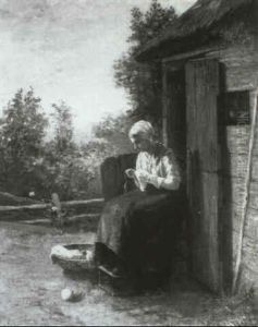 Vor Der Kate Sitzt Eine Junge N,hende Frau by David De La Mar