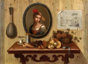 A Trompe L"oeil Still Life With Fish On A Table; And A Trompe L"oeil Still Life With Mushrooms On A Table by Antonio (lo Scarpetta) Mara