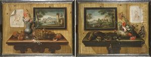 Trompe L'oeil Con Fiori, Cacciagione E Frutti Su Un Piano And Dipinti Di Paesaggio (2 Works)