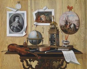 A Trompe L'oeil Of A Print And Two Paintings, A Key, A Violin, A Globe, A Clock, A Sheet Of Music And Other Objects On A Table by Antonio (lo Scarpetta) Mara