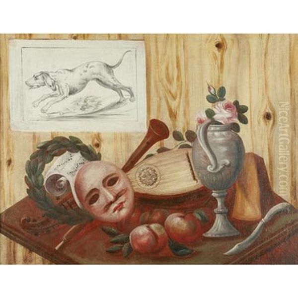 A Trompe L'oeil Of A Mandolin, Flute, Mask, Music Sheet - view 1
