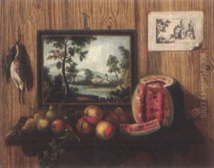 Trompe L'oeil Con Frutta Su Un Piano, Dipinto, Stampa E Cacciagione
