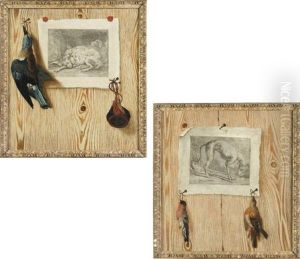 A Trompe L'oeil Still Life With Dead Game And Hunting Pouch Pinned To An Engraving On A Faux Boiserie Ground (+ Another Similar; Pair)