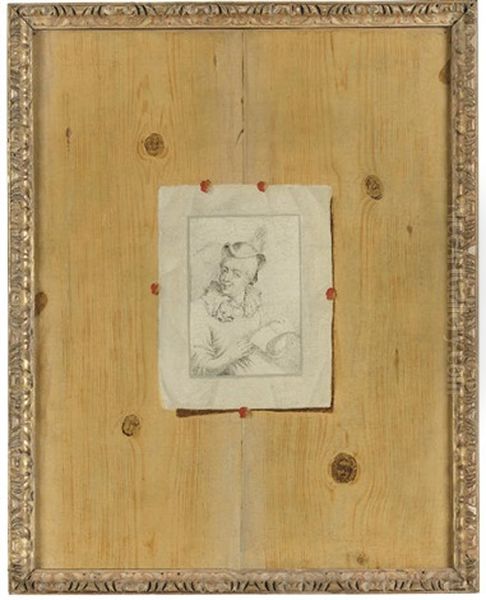 A Trompe L'oeil Still Life Of An Engraving Pinned To A Boiserie Ground - view 1