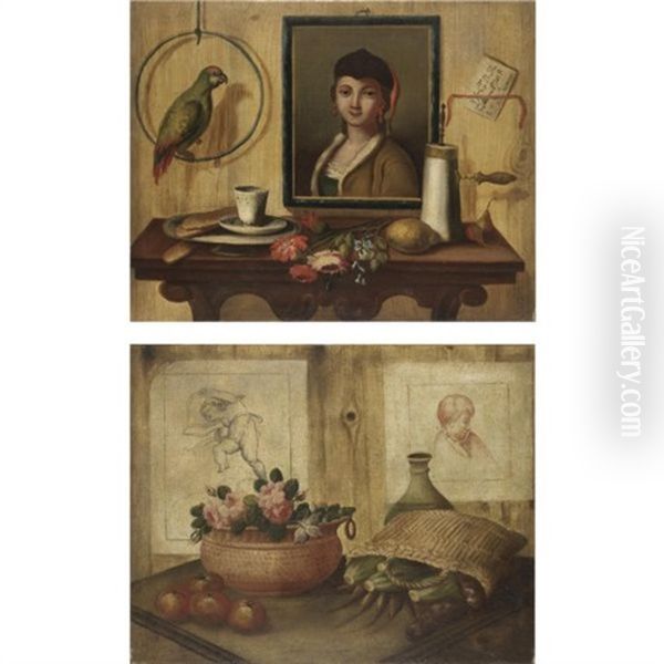 Natura Morta Con Un Ritratto, Un Pappagallo, Frutta, Fiori, Una Tazza E Biscotti (+ Natura Morta Con Due Disegni, Un Vaso Di Rose E Una Sporta Di Verdura; Pair) - view 1
