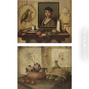 Natura Morta Con Un Ritratto, Un Pappagallo, Frutta, Fiori, Una Tazza E Biscotti (+ Natura Morta Con Due Disegni, Un Vaso Di Rose E Una Sporta Di Verdura; Pair)