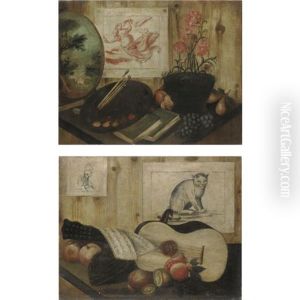 Natura Morta Con Un Dipinto, Un Disegno, Un Vaso Di Garofani, Libri E Una Tavolozza Da Pittore (+ Natura Morta Con Due Disegni, Una Chitarra, Melograni E Un Limone; Pair) by Antonio (lo Scarpetta) Mara