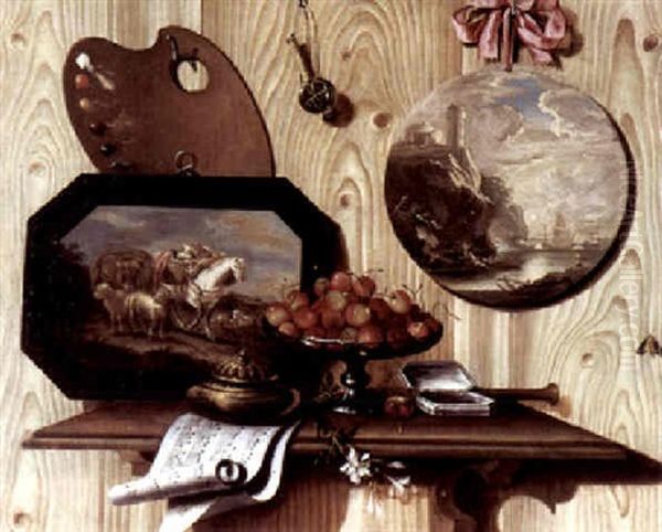 Trompe-l'oeil: Eine Schale Mit Kirschen, Dose, Notenblatt Und Ein Bild Auf Einem Tisch Vor Einer Wand - view 1