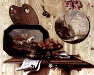 Trompe-l'oeil: Eine Schale Mit Kirschen, Dose, Notenblatt Und Ein Bild Auf Einem Tisch Vor Einer Wand
