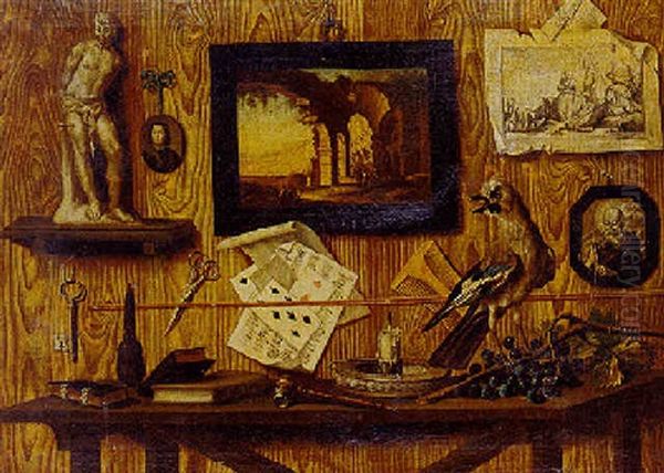 Trompe L'oeil Still Life With A Statue, A Bird, And Other Objects - view 1