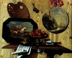 Trompe-l'oeil Avec Peintures, Palette, Partition Et Coupe De Cerises by Antonio (lo Scarpetta) Mara