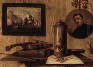 Trompe-l'oeil Still Lifes With Paintings And A Violin, Lute, Books, And Music by Antonio (lo Scarpetta) Mara