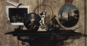 Trompe L'oeil Still Life With Paintings, A Print, Palette And Other Objects by Antonio (lo Scarpetta) Mara