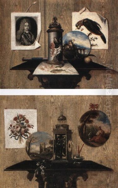 Trompe L'oeil Still Lifes With Paintings, Prints, A Clock And Other Objects - view 1