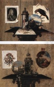 Trompe L'oeil Still Lifes With Paintings, Prints, A Clock And Other Objects by Antonio (lo Scarpetta) Mara