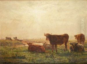 Vaches Pres De La Riviere Au Coucher Du Soleil by Adolphe Charles Marais