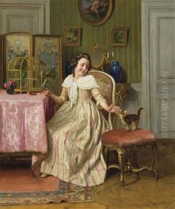 Filette Avec Oiseau Et Chat by Victor Marais-Milton