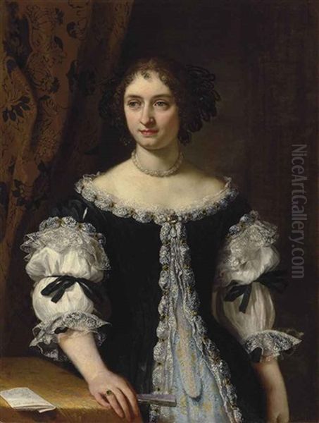 Portrait Of Maria Maddalena Rospigliosi Panciatichi (1645-1695), Half-length, In A Black Surcote Trimmed With Silver Embroidery Over A Brocade Gown, Holding A Fan, By A Draped Table With A Letter - view 1