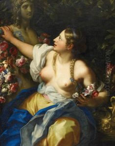Flora. Faustina, Die Tochter Des Kunstlers, Als Flora Vor Blumenbekranzter Herme by Carlo Maratta or Maratti