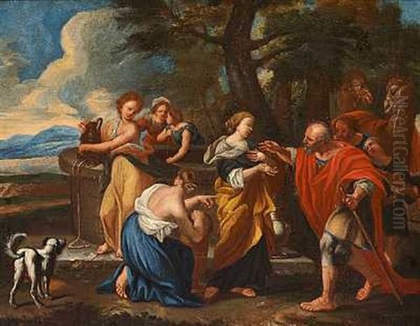 Mytologisk Scene Med En Mand, Der Vender Hjem Fra En Rejse Med Gaver Og Hilses Af En Flok Kvinder (odysseus Hjemkomst?) - view 1