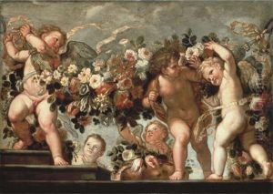 Putti With Festoons Of Roses, Tulips, Morning Glory And Other Flowers On A Parapet With Steps (collab. W/studio Of Franz Werner Von Tamm)
