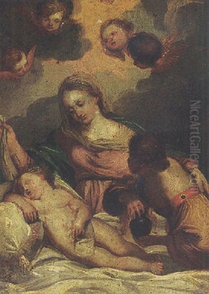 The Virgin Adoring The Sleeping Christ Child, With A Female Attendant And Angels Above - view 1