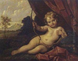 Cupido Seduto Su Un Cuscino Con Un Paesaggio Aperto Sullo Sfondo