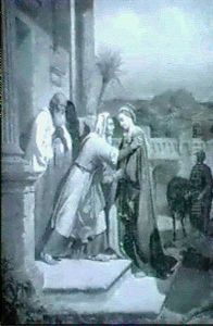 Maria Och Elisabet, Staende Tillsammans Med Sakarias Och En Tjanare, Pa Gardsplanen Josef Ledande En Asna by Philippe Marbeau