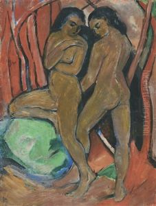 Zwei Stehende Madchenakte Mit Grunem Stein (two Standing Nudes With Green Rock) - Recto Zwei Pferde (two Horses) - Verso by Franz Marc