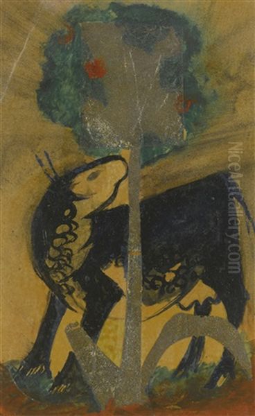 Schwarze Kuh Hinter Baum (black Cow Behind Tree) - view 1