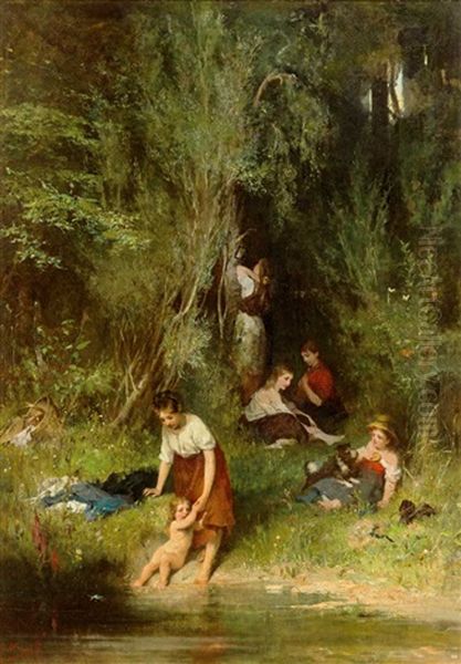 Mutter Mit Ihren Kindern Am Lauschigen Waldteich An Einem Sommertag - view 1