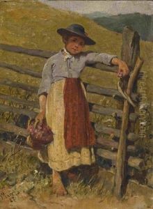 Bauernmadchen Mit Blumenkorb Am Gatter by Wilhelm Marc