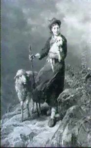 Kleine Schaferin, Ein Lammchen Tragend, Neben Ihr Das Muttertier, Auf Schmalem Pfad Im Hochgebirge Kleine Schaferin, Ein Lammchen Tragend, Neben Ihr Das Muttertier, Auf Schmalem Pfad Im Hochgebirge
