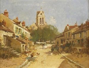 A Street Scene In A French Town by Marcel-Lenoir (Jules Oury)