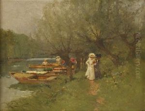 Ladies Promenading By A River, With Other Figures In Punts by Marcel-Lenoir (Jules Oury)