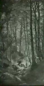 Cattle And A Herdsman In A Woodland Glade by Henri Marcette