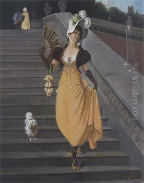 Junge Dame Mit Facher Auf Der Treppe - view 1