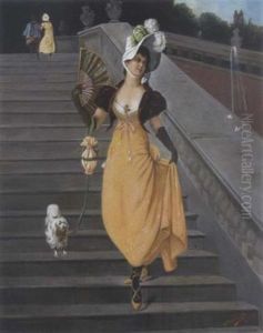 Junge Dame Mit Facher Auf Der Treppe