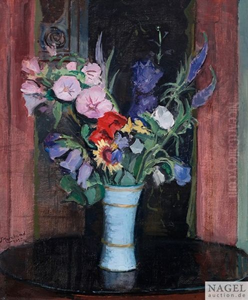 Stilleben Mit Bunten Sommerblumen In Turkisblauer Vase Mit Golddekor - view 1