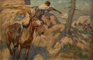 Cowboy On Horseback Shooting To Protect A Steer From Wolves by John Norval Marchand