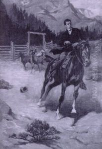 Townsman Letting Horses Out Of Their Corral, Racing Away On Horse by John Norval Marchand
