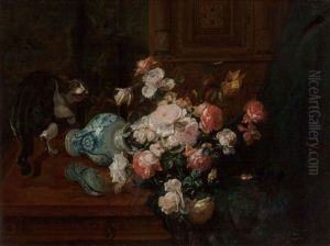 Floral Still Life With Cat by Gustave Emile Marchegay