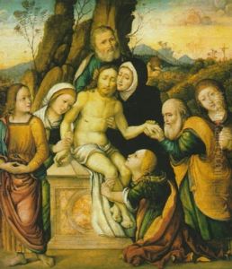 La Pieta Con Le Tre Marie, Sant'anna, Nicodemo, Giuseppe D'arimatea E Giovanni Evangelista by Girolamo Marchesi da Cotignola
