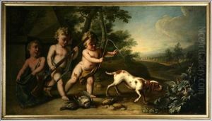 Putti Figures Hunting In A Landscape by Giuseppe Marchesi