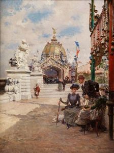 Grosser Ausstellungpavillon Der Pariser Weltausstellung 1889 Mit Figurenstaffage