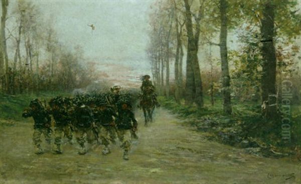 An Infantry Troop Marching Into Battle On A Country Road At Dawn - view 1