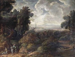 An Italianate, Wooded Landscape With Huntsmen And Their Dogs, A Herdsman With His Flock Near A Lake Beyond by Domenico (Tempestino) Marchi