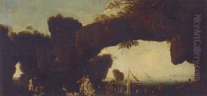 A Rocky Coastline With An Elegant Couple Promenading Before A Natural Arch And A Canopied Boat (constantinople?) by Domenico (Tempestino) Marchi